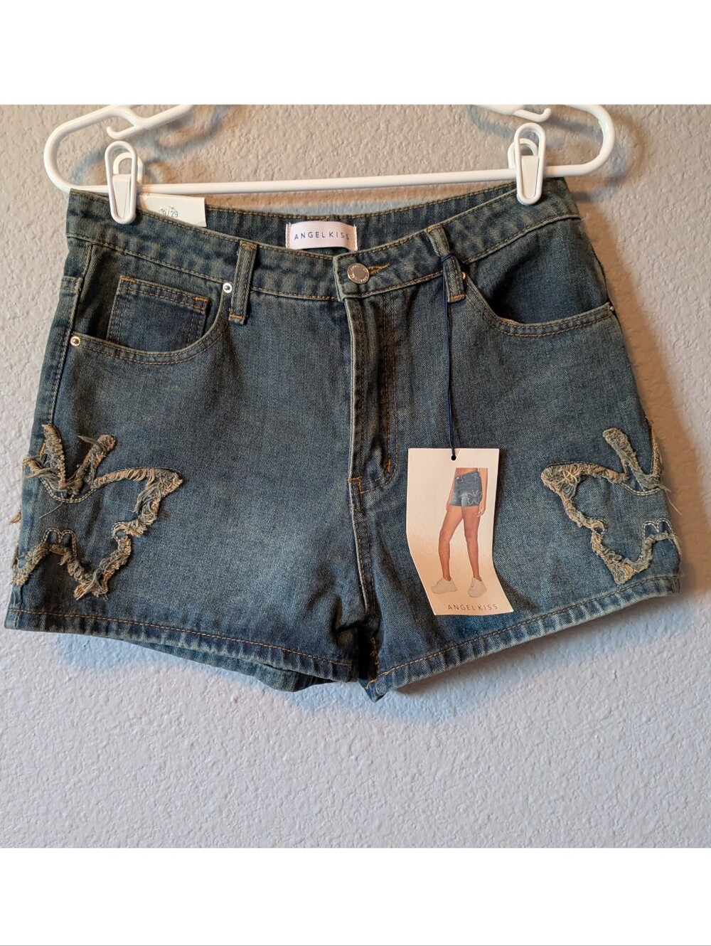 NWT Angel Kiss Denim Shorts with Distressed Butterfly Appliqué - Blue Sz. 9 29